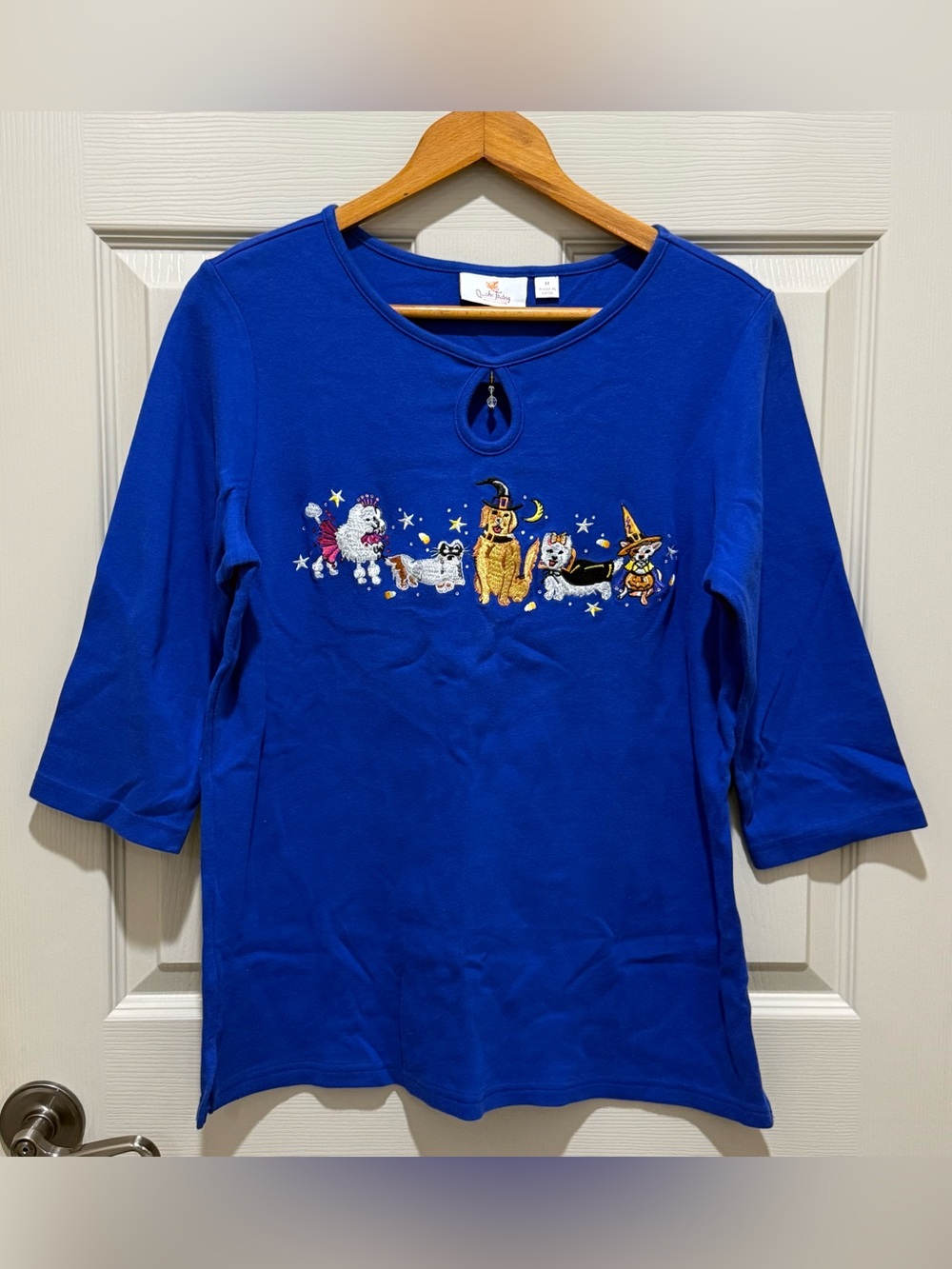 Quacker Factory Halloween Top Womens M Blue Vintage Dog Witch Shirt Costume